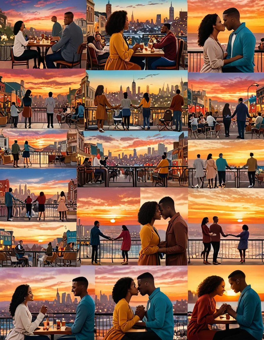 A collage of scenes from romantic TV shows featuring diverse couples sharing heartfelt moments like holding hands, laughing together, and sharing a sunset kiss. Include iconic settings like cozy cafes, cityscapes, and dreamlike landscapes. Vibrant colors, warm tones, super-realistic.