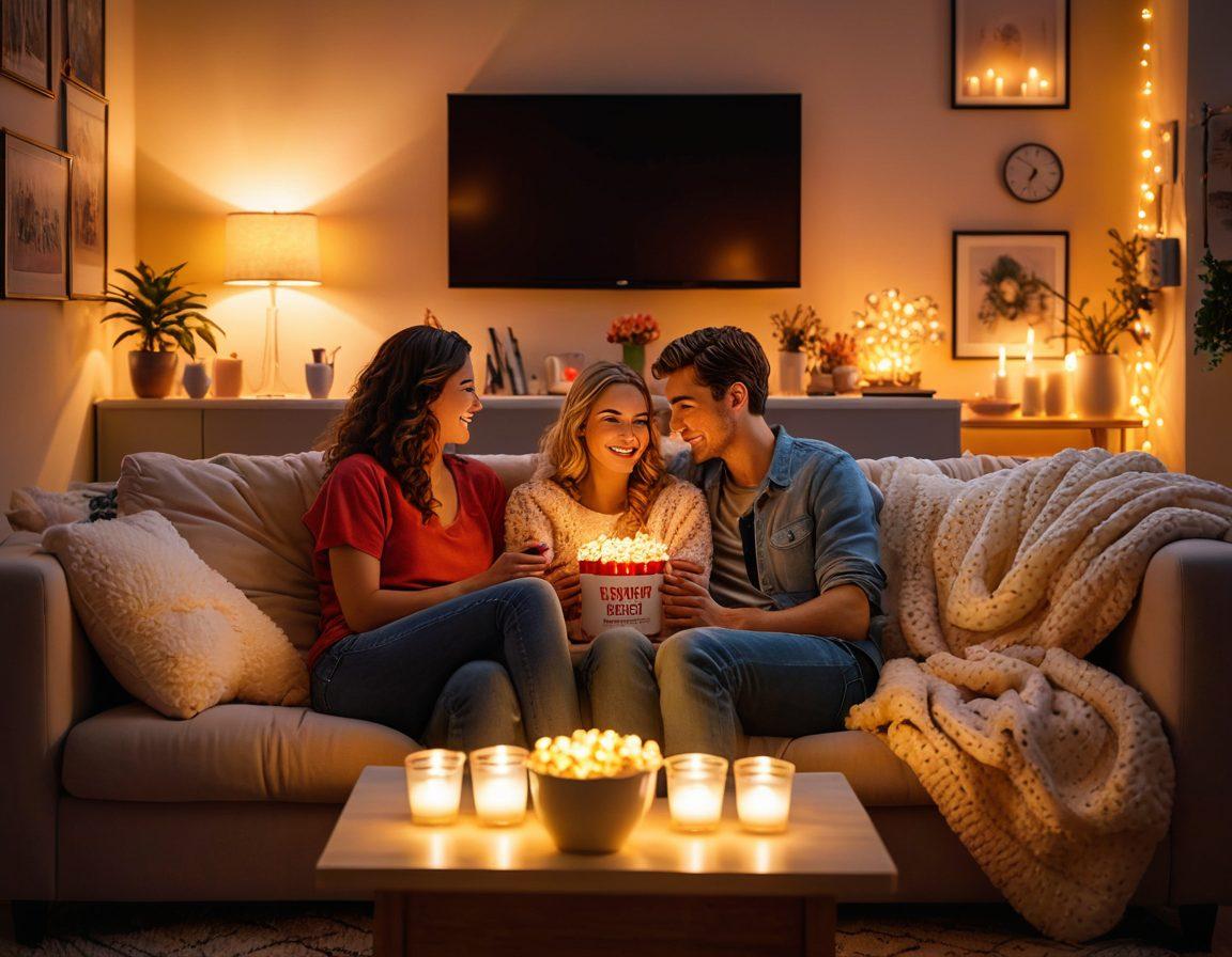 A cozy living room scene with a glowing TV in the center, displaying a montage of romantic TV shows. The room is softly lit with fairy lights and candles, surrounded by plush cushions and a warm blanket. A couple is seen snuggled up on the couch, sharing popcorn and smiles. Dreamy and romantic atmosphere. super-realistic. vibrant colors.