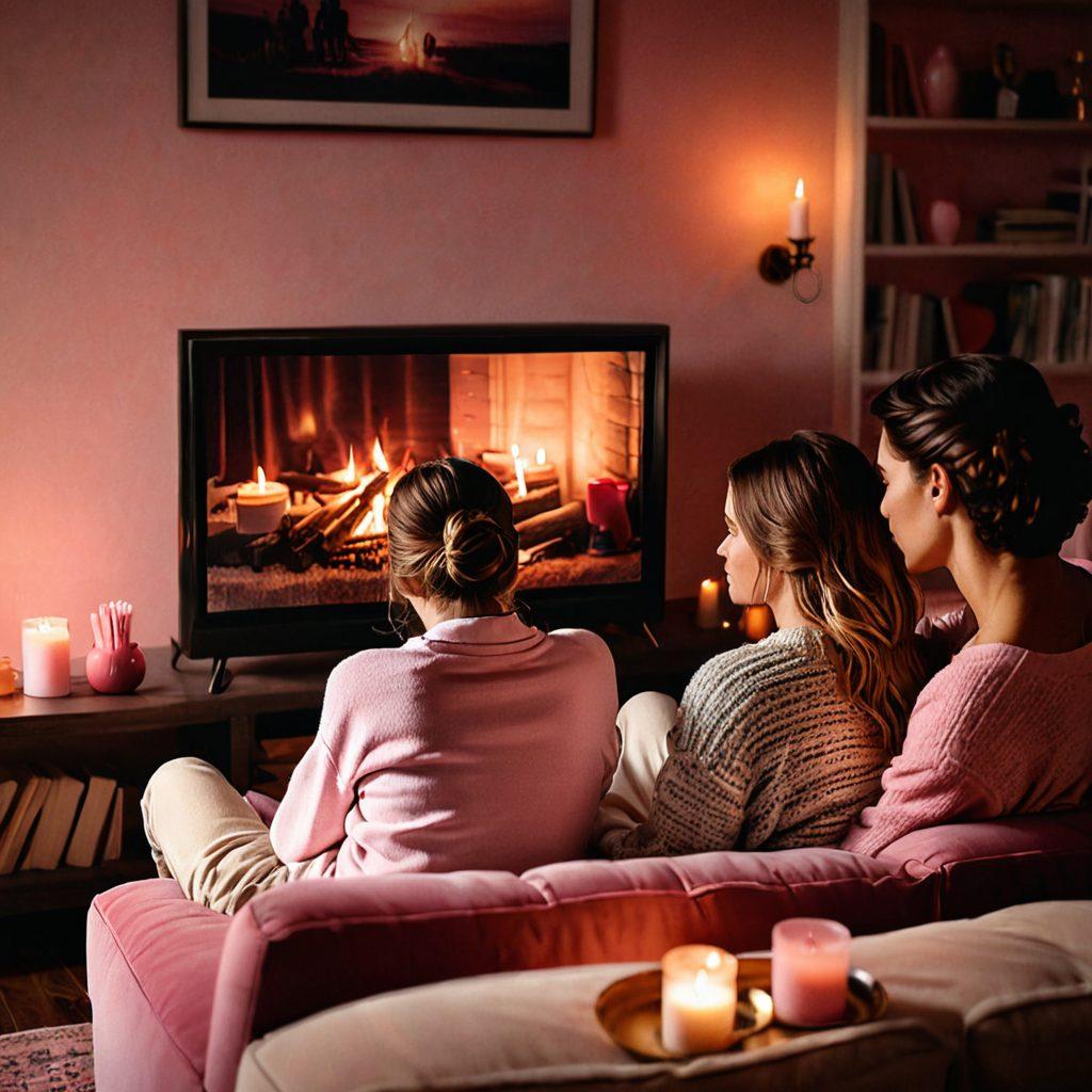 A cozy living room scene with a couple cuddled up on a sofa, eyes glued to a TV screen, as warm candlelight flickers around them. The TV shows a dramatic, romantic scene from a popular series with soft hues of pink and red in the background. A subtle heart-shaped overlay illustrates the romantic and sentimental themes. painting. vibrant colors.